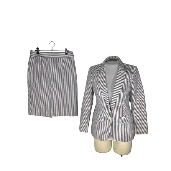 Banana Republic Womens Blue Striped Cotton Blazer & Skirt Suit Set Size 2 - Picture 2 of 10